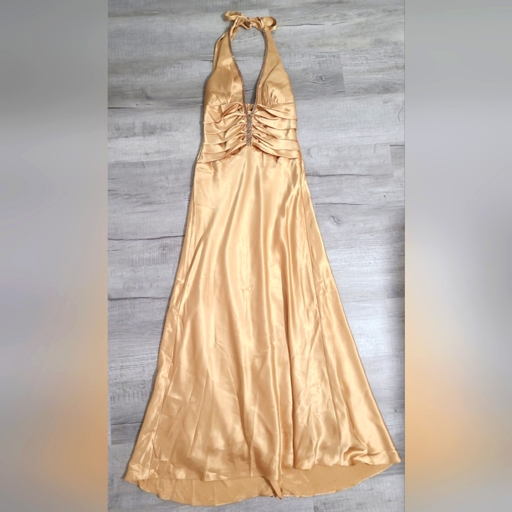 Prom Y2K Dave & Johnny by Laura Ryner  Gown Dress Halter Rhineston Gold Size 5/6